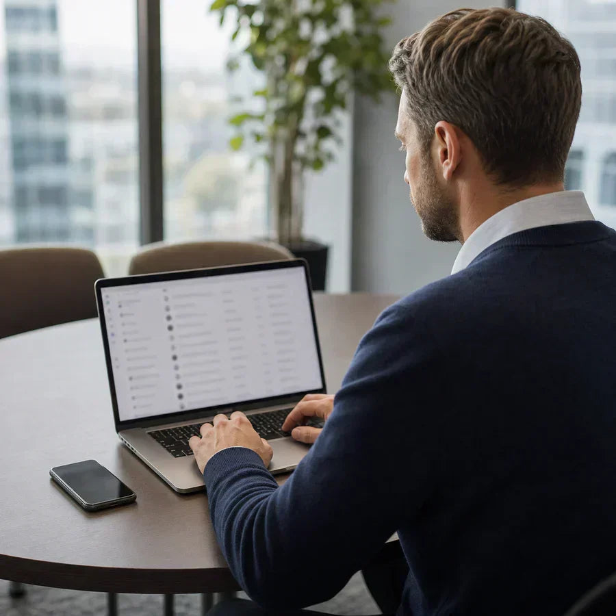 A man works on a laptop in an office with a black Plaud Note AI voice recorder on the table next to his phone.