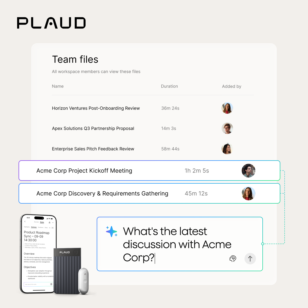 A Plaud App interface shows team files and a chat query, with a dark gray Plaud Note Pro, white Plaud NotePin S, and a smartp
