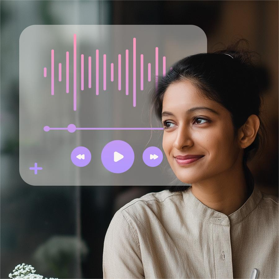 Podcast Transcript audio player with woman smiling