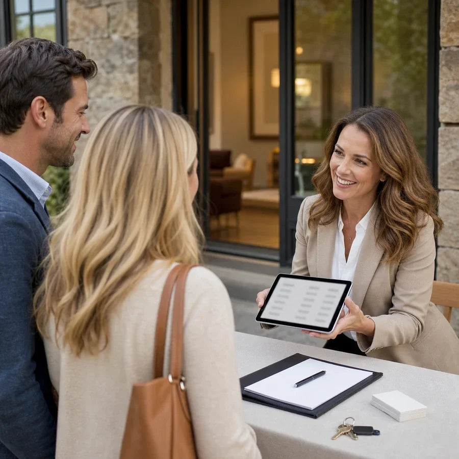 Real estate agent greeting a couple with a tablet at the front desk
