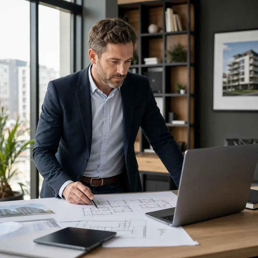 Real estate agent reviewing blueprints and a laptop at a desk
