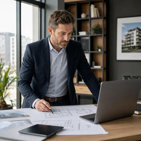 Real estate agent reviewing blueprints and a laptop at a desk