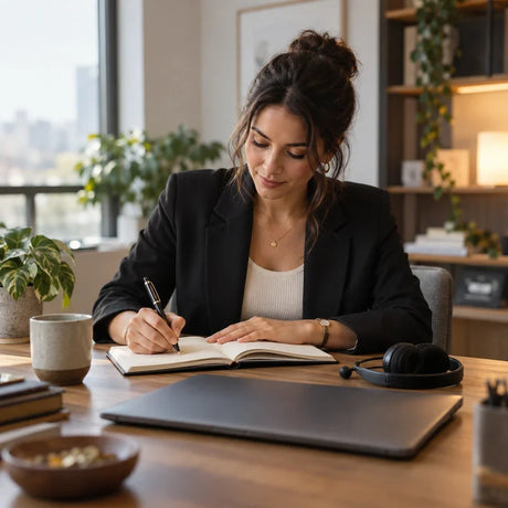 Sales professional writing follow-up notes after a client call at an office desk.