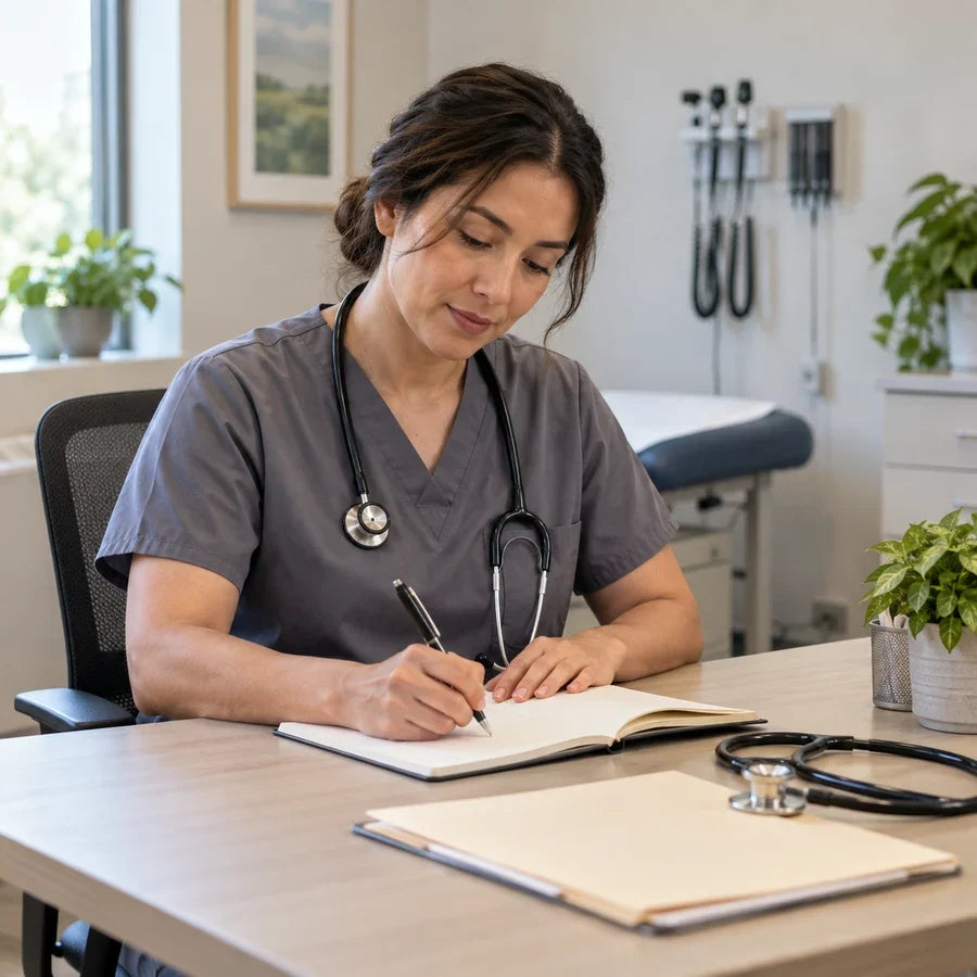 Clinician documenting an encounter in a private exam room.