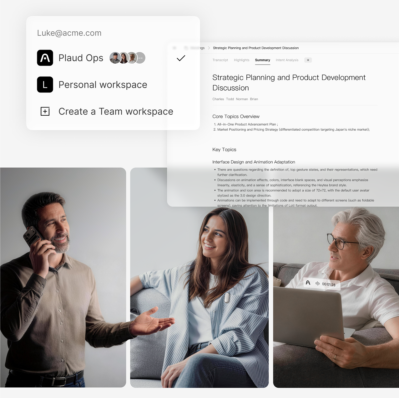Plaud App and Web interfaces showing meeting summaries and professionals using Plaud Note and Plaud NotePin.