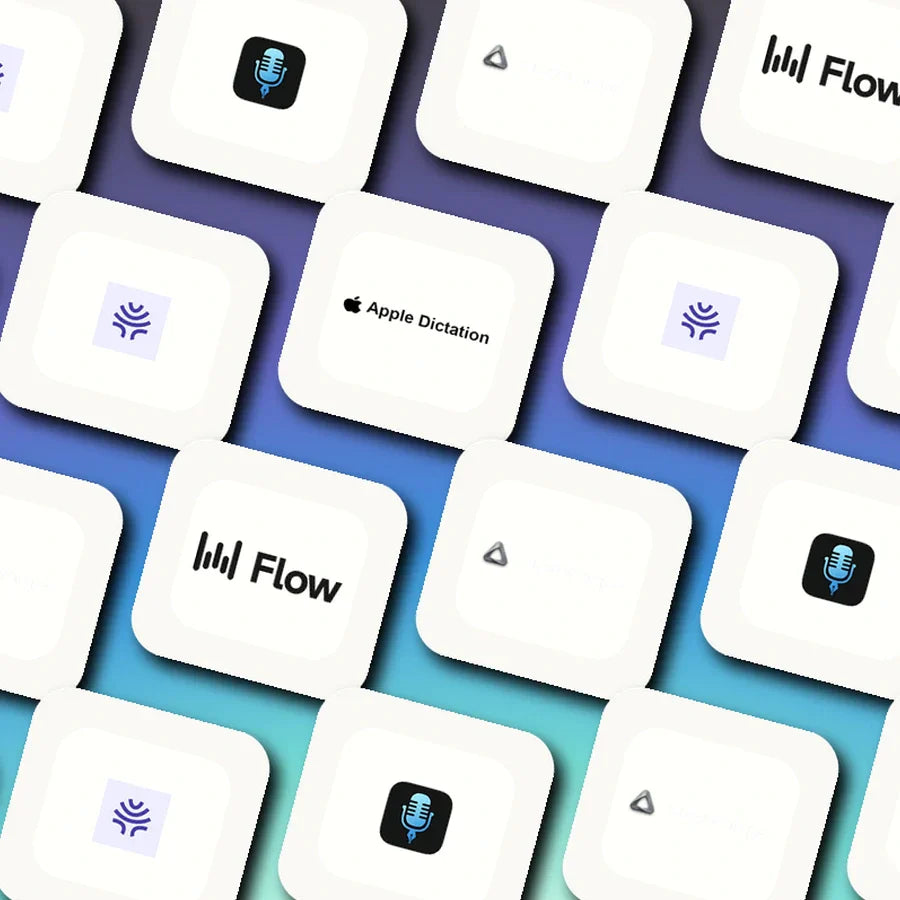 Logo mosaic featuring Wispr Flow, SuperWhisper, VoiceInk, Willow Voice, and Apple Dictation.