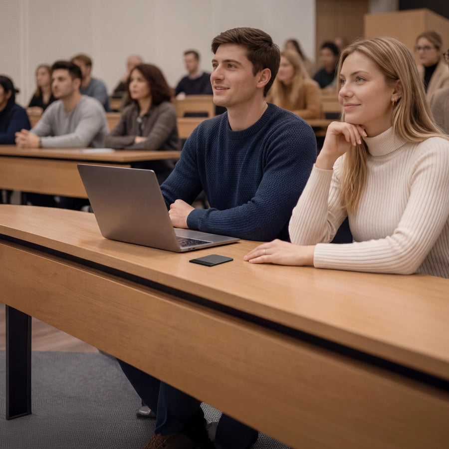 Estudante acompanhando uma aula com apoio de um gravador Plaud Note Pro