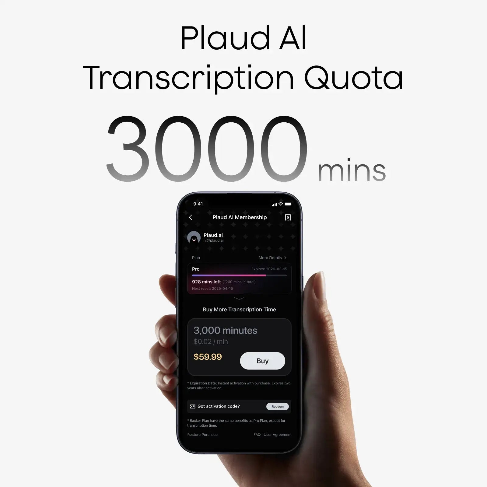 Plaud AI Transcription Quota (3,000mins)