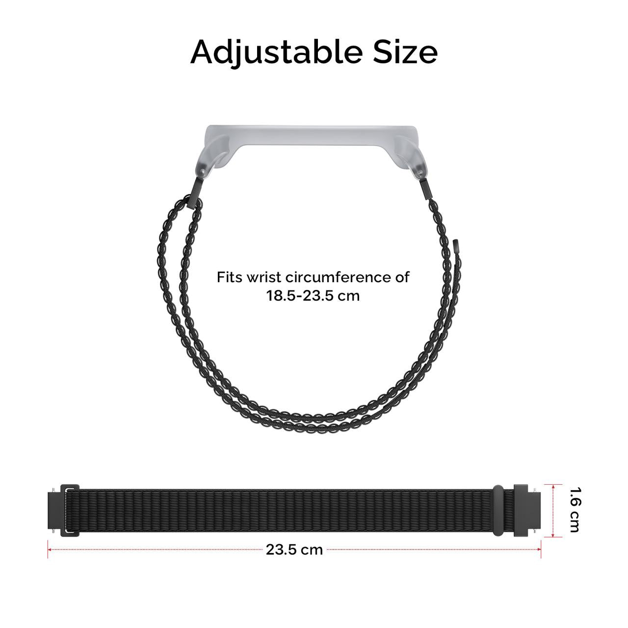 Plaud NotePin adjustable strap measurements: 23.5 cm length, 1.6 cm width, fits wrist circumference of 18.5-23.5 cm