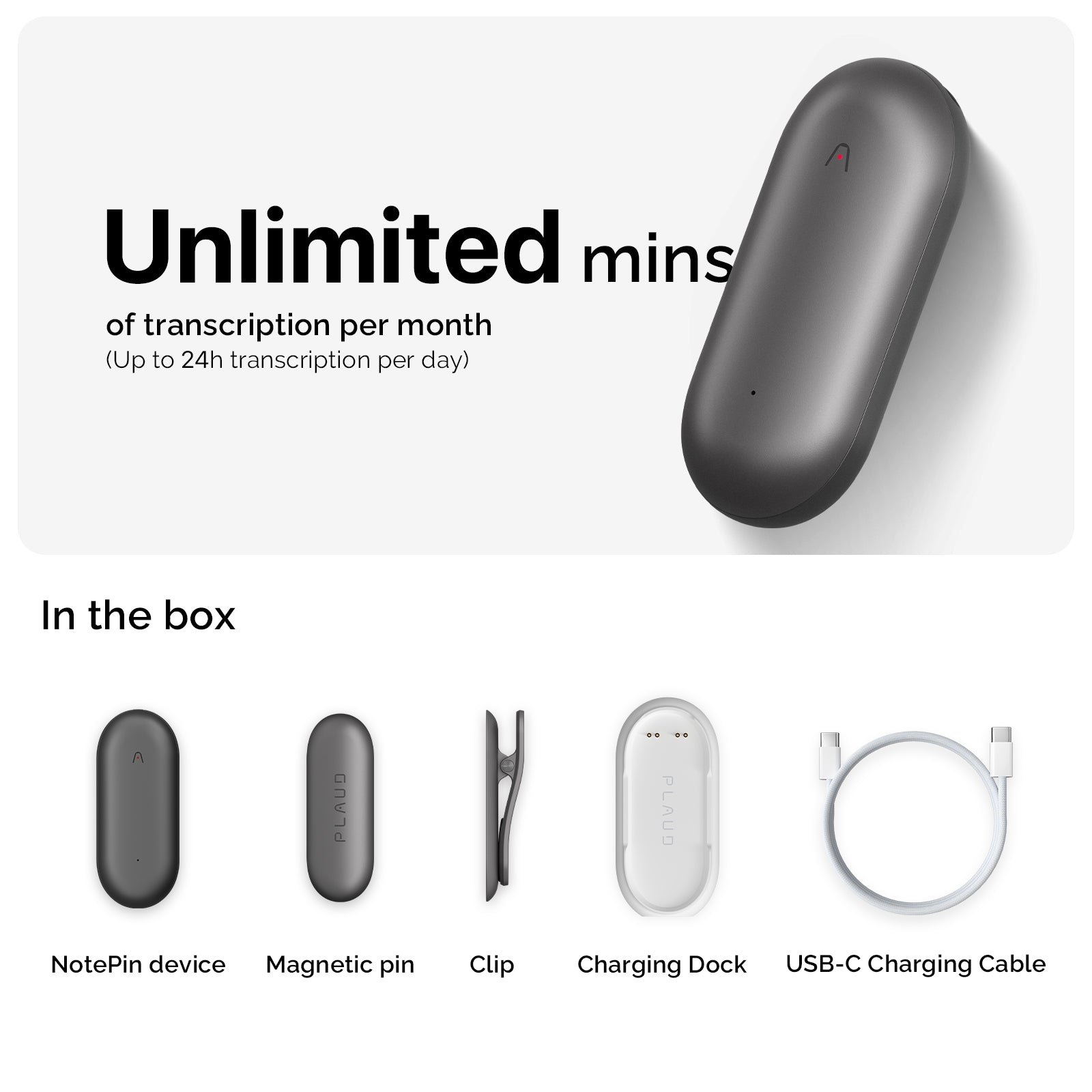 Plaud NotePin AI wearable voice recorder with unlimited transcription plan including device, magnetic pin, clip, charging dock and USB-C cable
