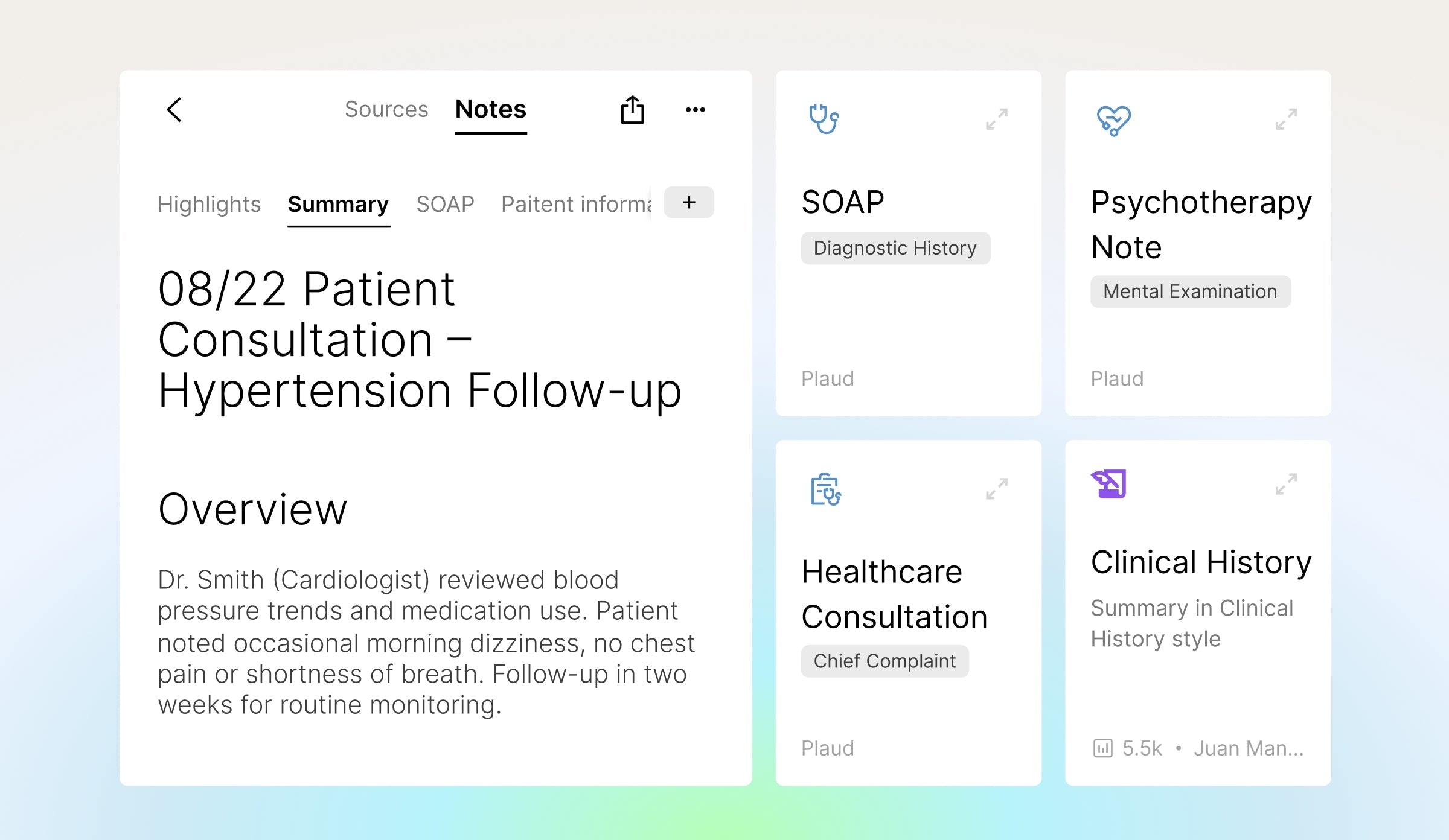 A Plaud patient consultation note with SOAP, Psychotherapy Note, Healthcare Consultation, and Clinical History template cards