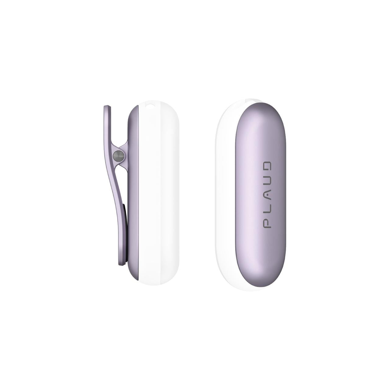 Plaud NotePin accessory set featuring lavender magnetic clip and safety pin attachments for secure, lightweight wearable AI voice recording device mounting