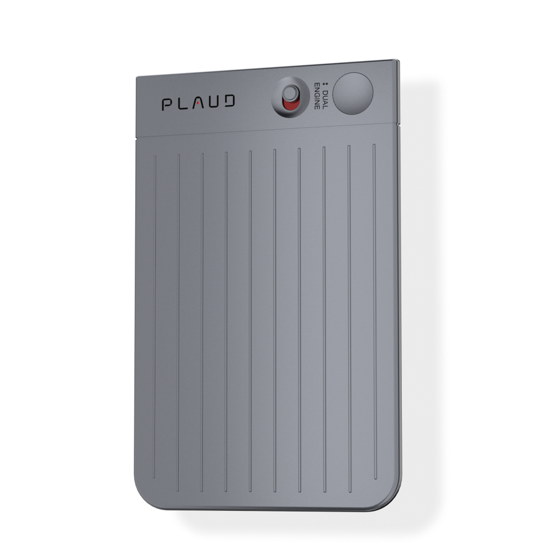 Sleek silver Plaud Note AI voice recorder with ribbed design, dual engine technology for transcription and meeting note-taking