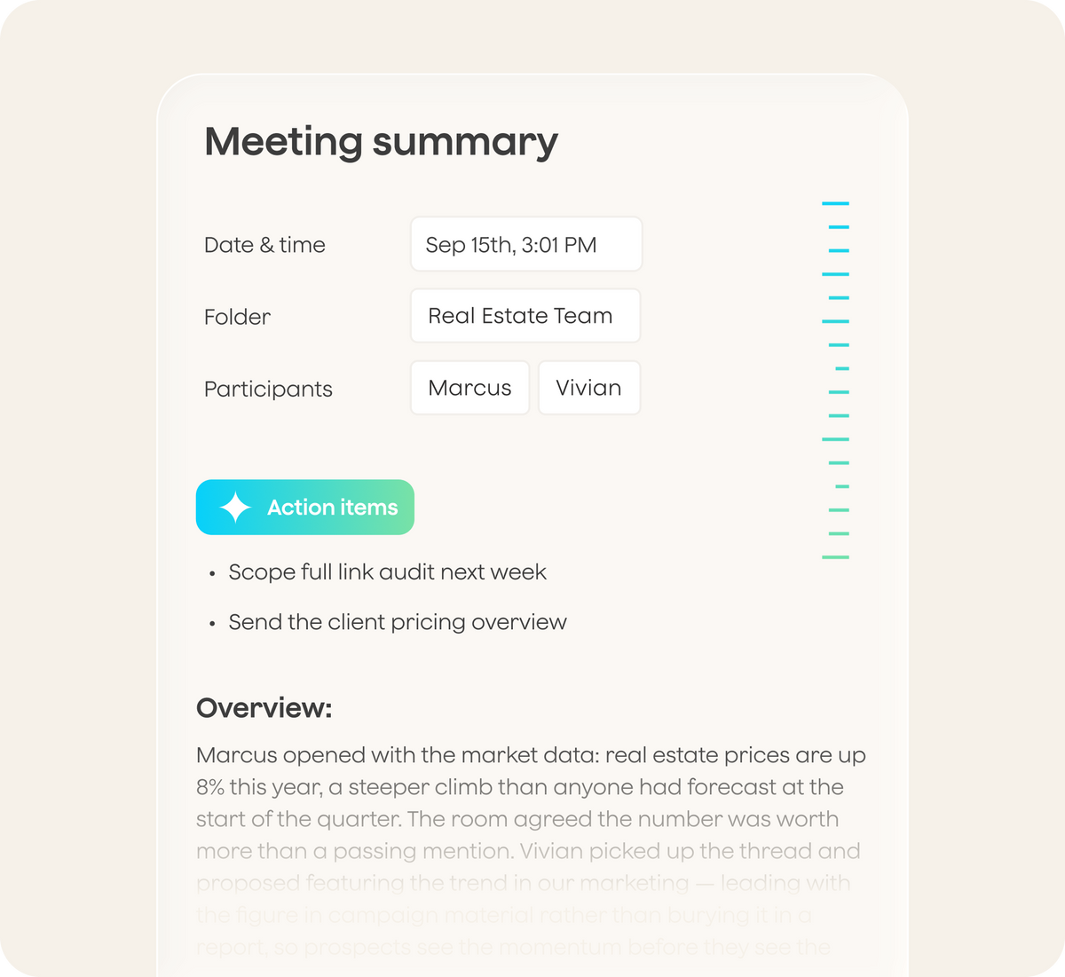 A Plaud App meeting summary for the Real Estate Team lists action items to scope a link audit and send a client pricing overview.