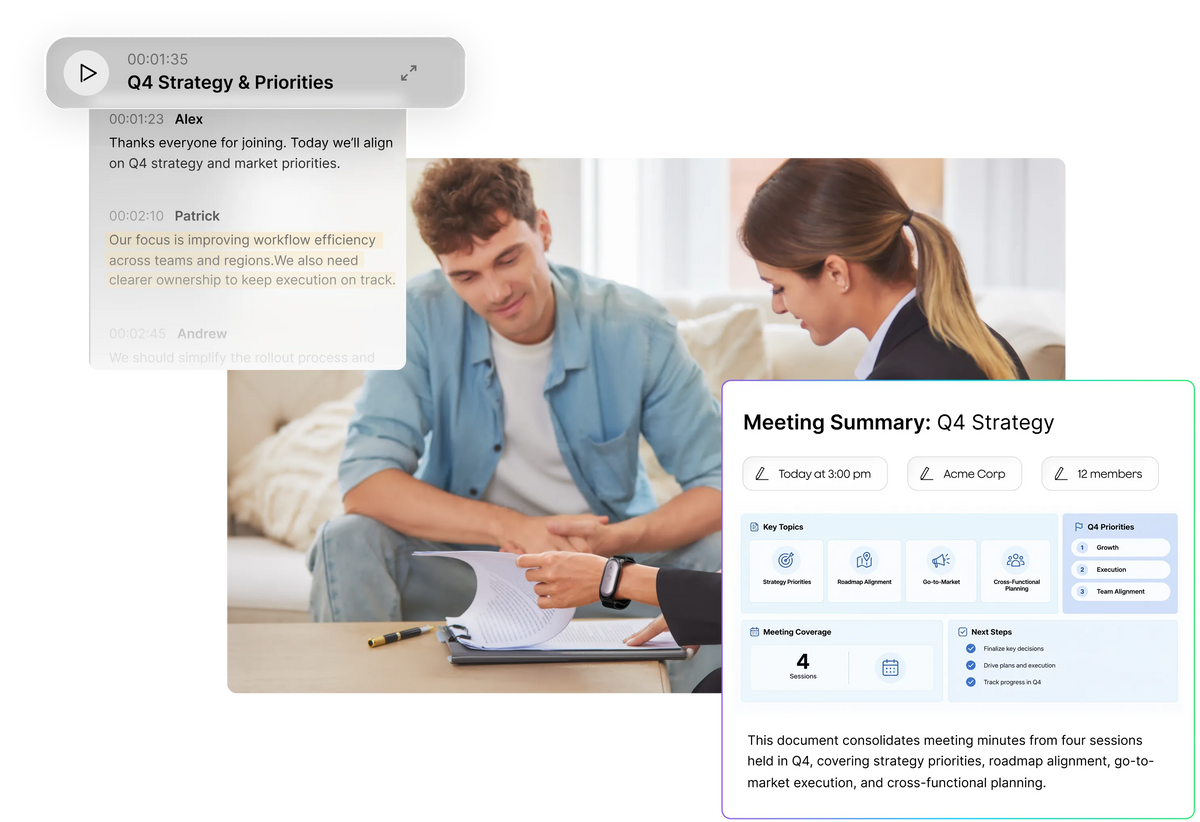 A meeting transcript with speaker labels beside an AI-generated summary of a Q4 strategy meeting, with key topics and next steps