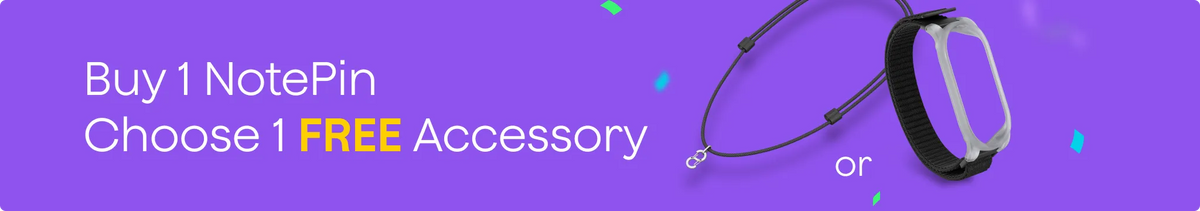 Buy 1 Plaud NotePin, get 1 free accessory. Shown: lanyard and wristband options on a purple background.