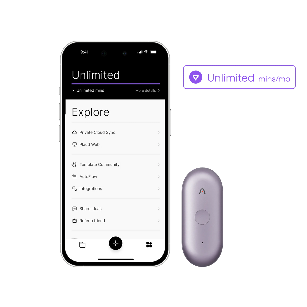 A lavender Plaud NotePin S is shown next to a smartphone displaying the Plaud App's Unlimited plan and Explore menu features.