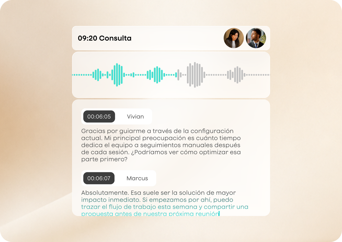 A consultation recording showing a waveform and a speaker-labelled transcript