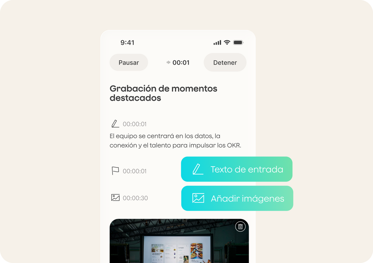 A recording screen with highlights, a flagged moment, an added photo, and controls to add images or notes
