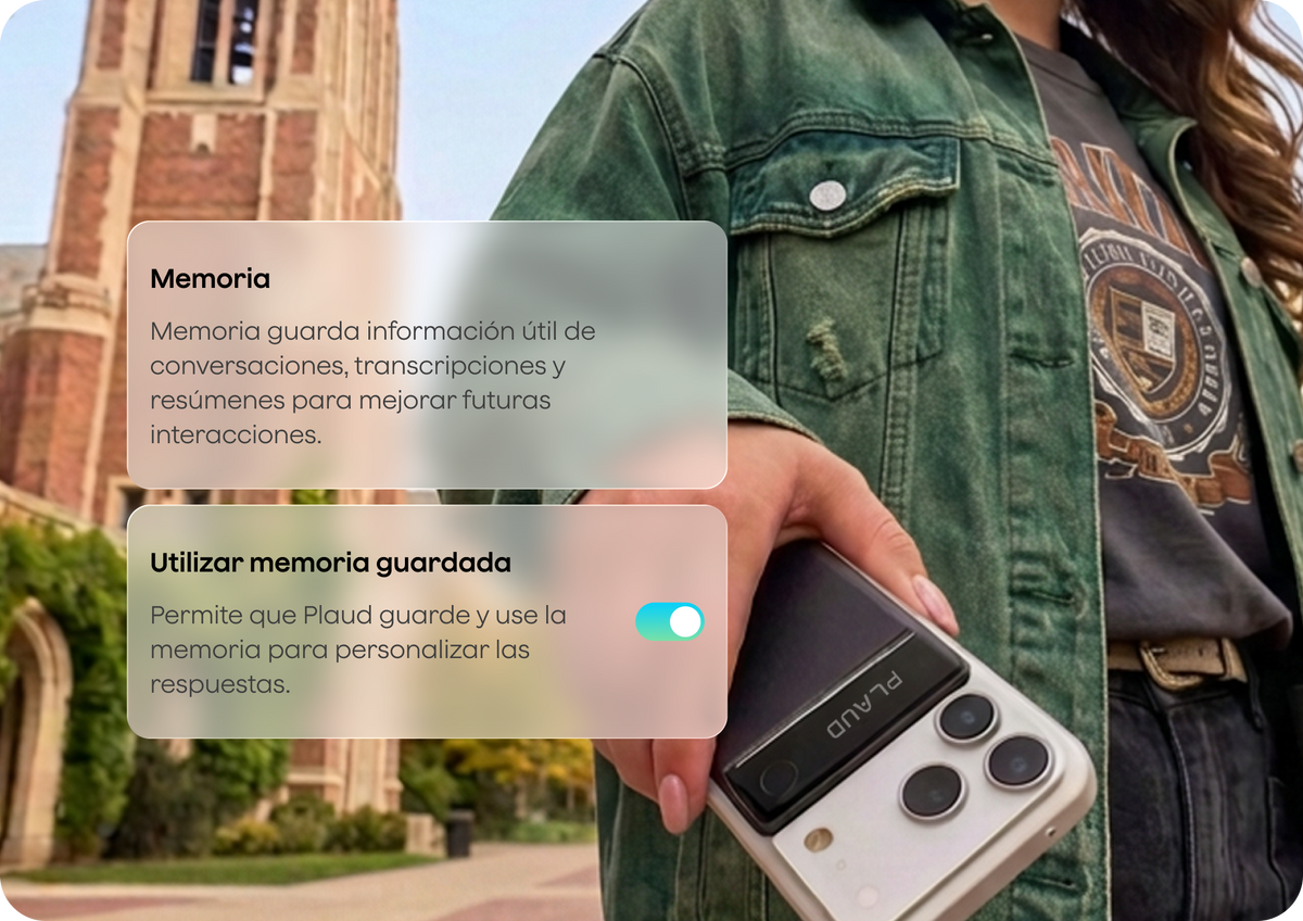 A person holding a phone showing Plaud’s saved-memory settings
