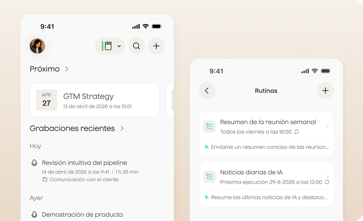 The Plaud mobile app showing upcoming meetings, recent recordings, and a routines list