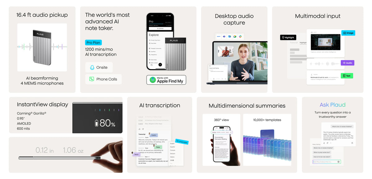 Silver Plaud Note Pro features: 16.4ft pickup, AMOLED screen, AI transcription, and Apple Find My support.