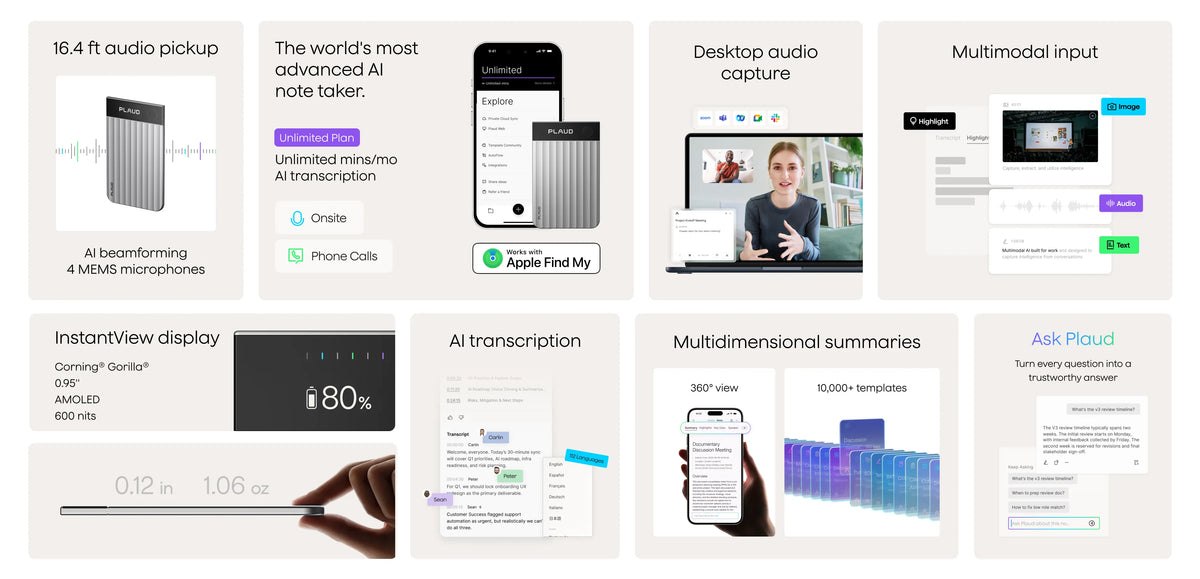 Feature grid for Plaud Note Pro showing AI transcription, InstantView display, and multimodal input capabilities.