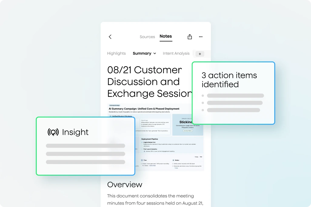 A Plaud note summary of a customer discussion, with an insight panel and three action items identified