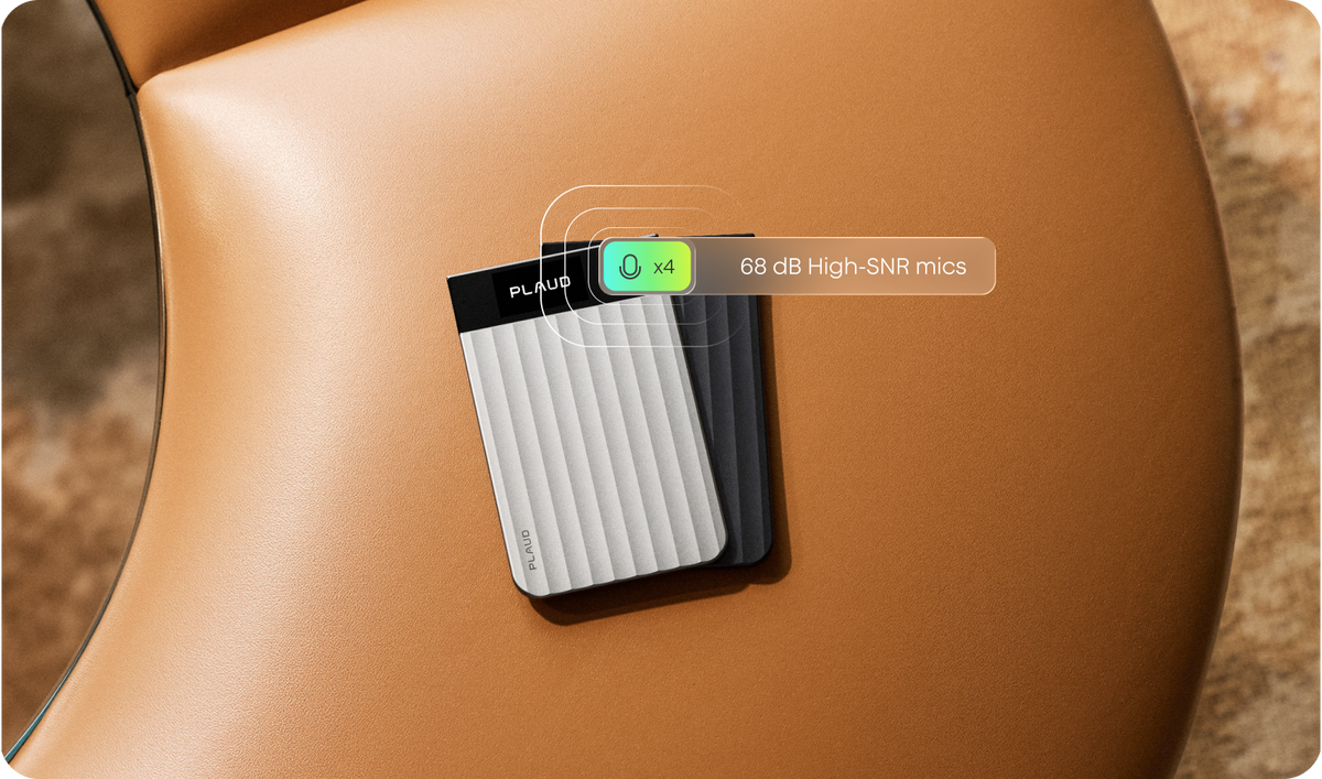 A silver and a black Plaud Note Pro lie on a tan leather surface. A graphic highlights the four 68 dB high-SNR microphones.