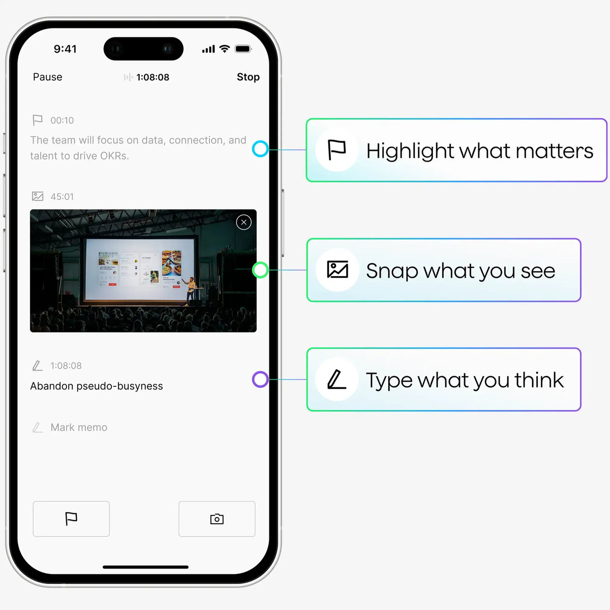 Plaud App interface showcasing multimodal input with voice, text, photos, and one-tap highlights.