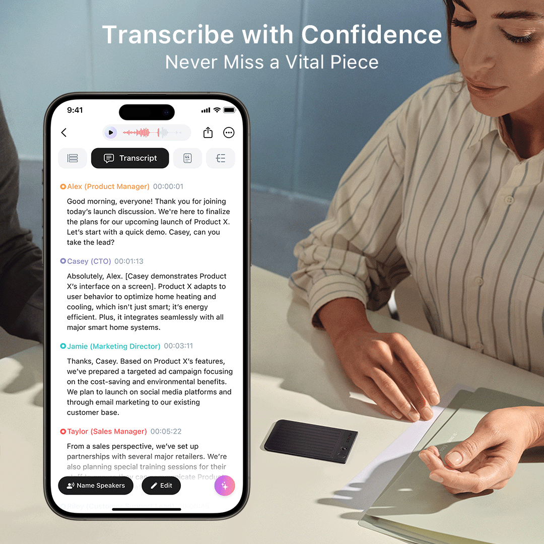 Plaud Note AI voice recorder transcribing meeting notes with confidence, highlighting key features and conversation insights.