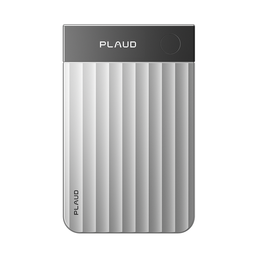 Silver Plaud Note Pro featuring a ribbed textured body and a dark top display screen.