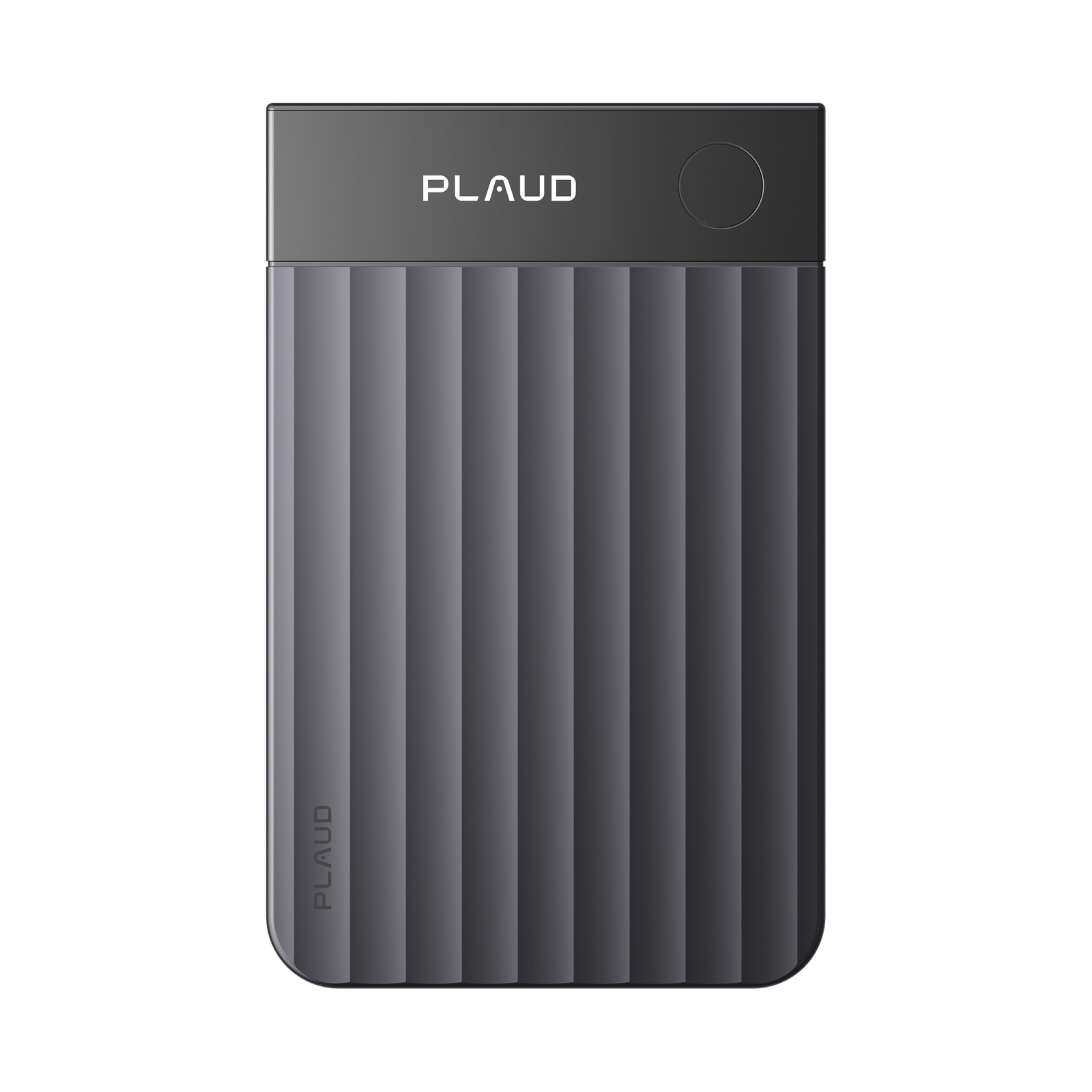 Black Plaud Note Pro AI voice recorder with a ribbed textured body and top display screen.