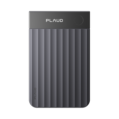 Black Plaud Note Pro AI voice recorder with a ribbed textured body and top display screen.