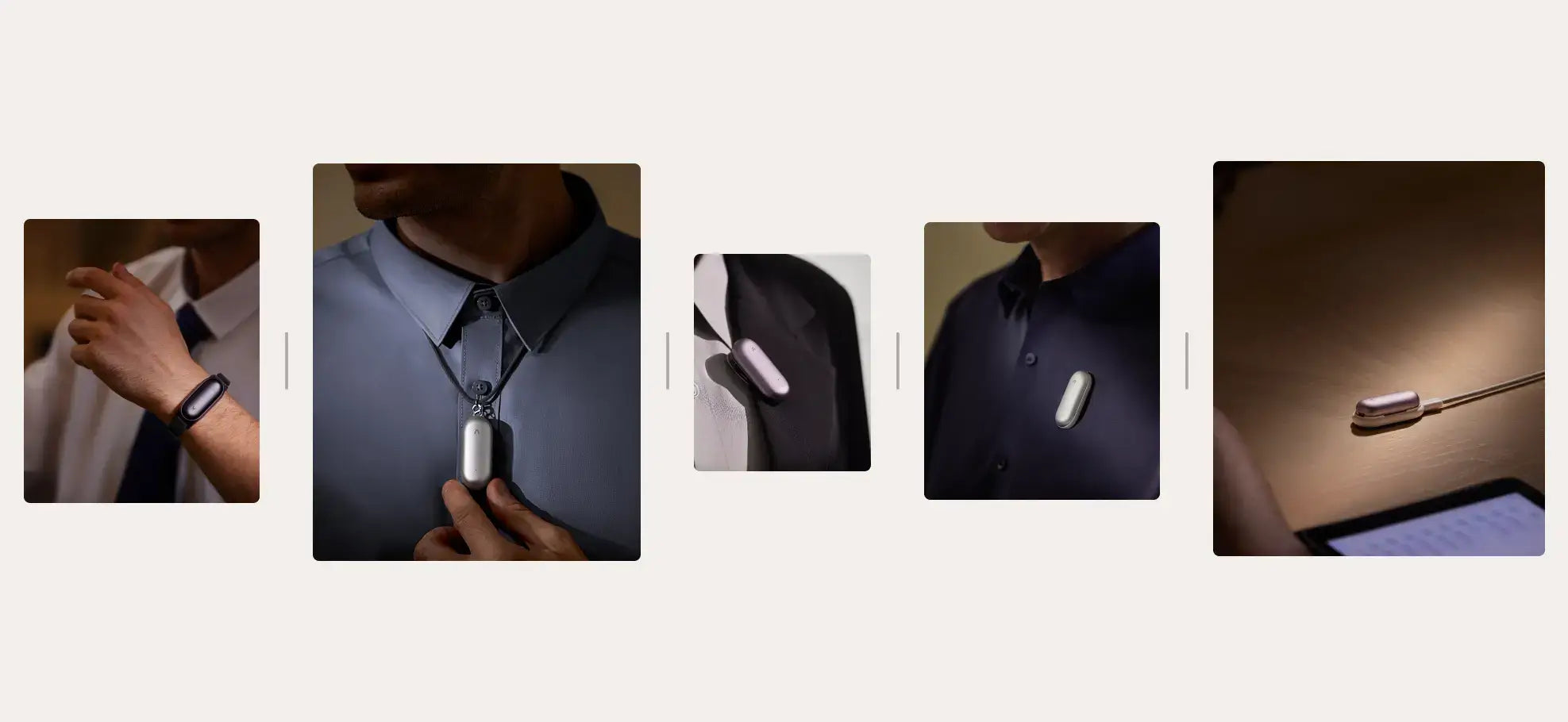 Plaud NotePin featuring four wearing options: lanyard, wristband, clip, and magnetic pin.