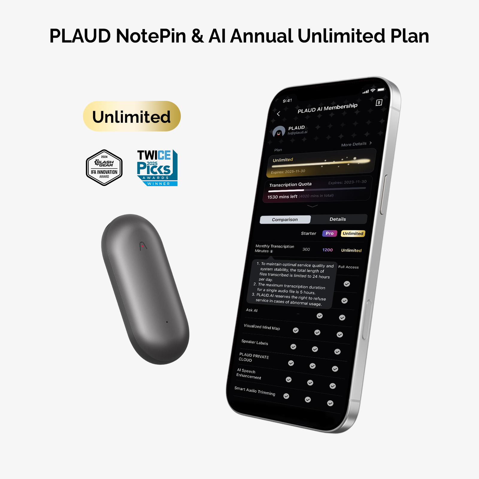 PLAUD NotePin & AI Annual Unlimited Plan