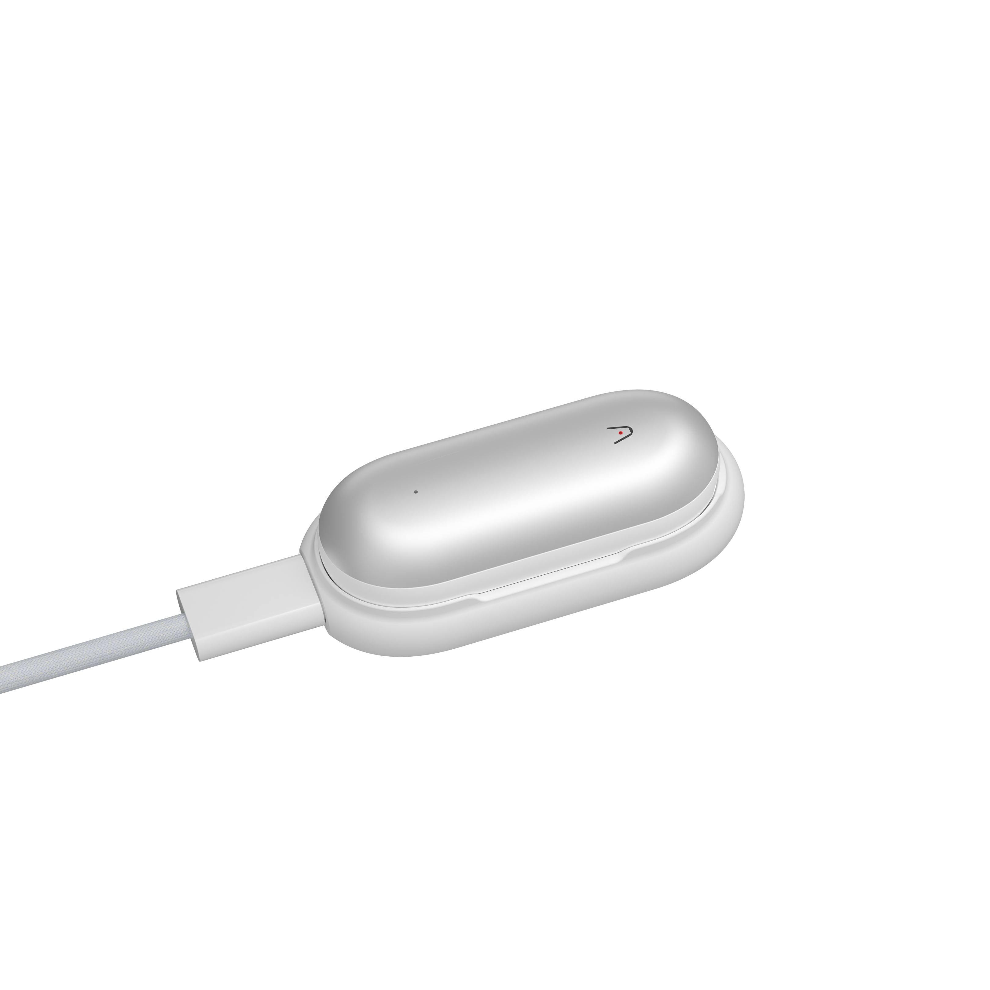 Sleek silver-grey Plaud NotePin wearable AI note-taking device with status indicator light on charging base, compact hands-free voice recorder for meetings and calls