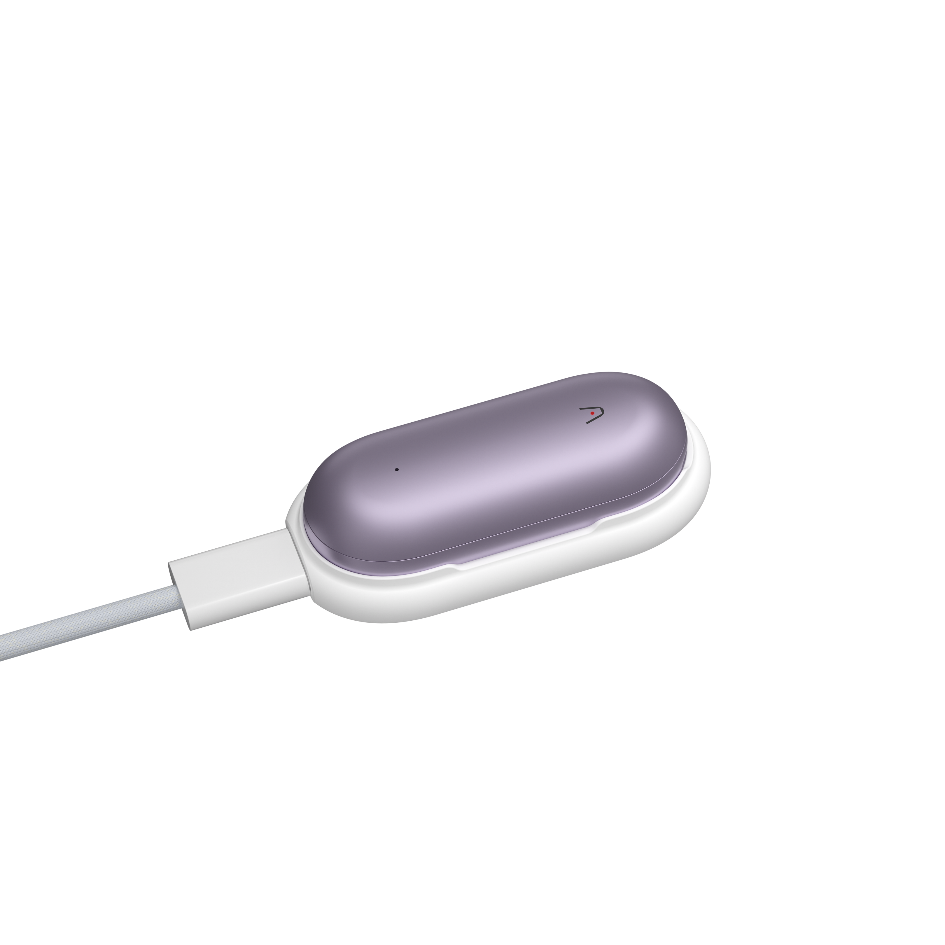 Plaud NotePin compact wearable AI note-taking device in metallic purple finish with charging cable showcasing its portable hands-free design