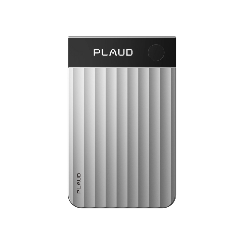 Sleek Plaud Note Pro AI voice recorder with ribbed gray design for capturing meetings, lectures, and phone calls