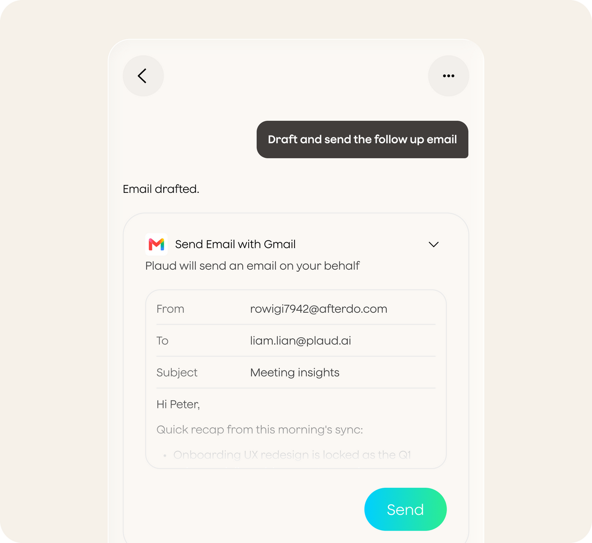 A UI screenshot shows the Plaud App drafting a follow-up email in Gmail with a summary of meeting insights and a Send button.