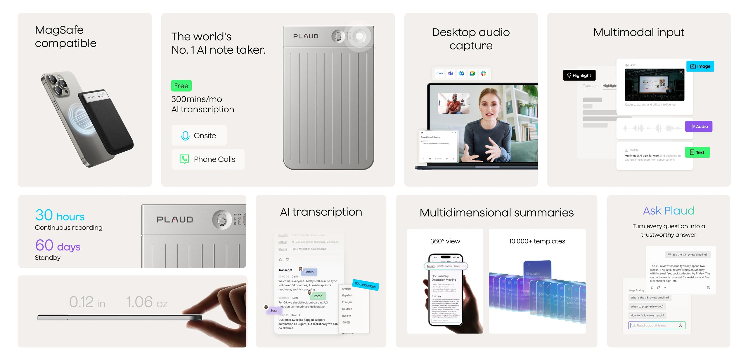 Features of the Plaud Note: MagSafe, 30h recording, AI transcription, and slim 0.12-inch design.