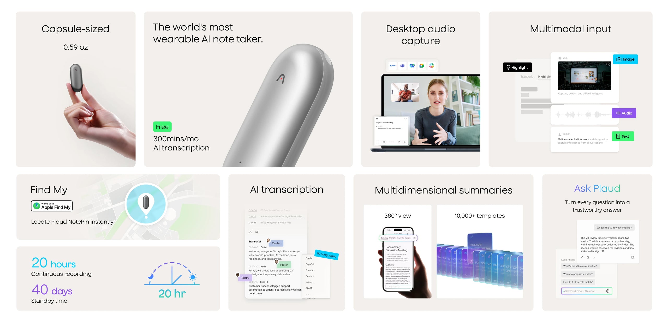 Feature overview of the silver Plaud NotePin including AI transcription, 20-hour battery life, and Find My support.