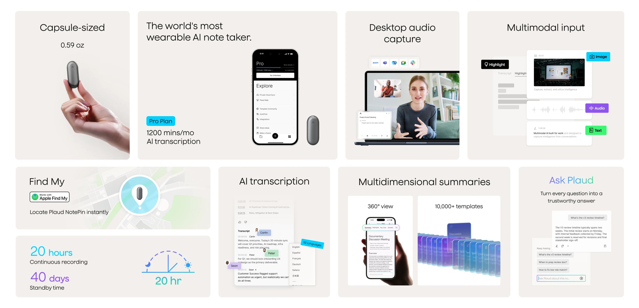Plaud NotePin features: capsule size, 20h recording, AI transcription, Find My, and Ask Plaud AI assistant.
