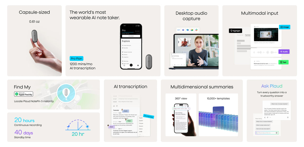 Plaud NotePin S features: capsule size, 20h recording, AI transcription, Apple Find My, and AI summaries.