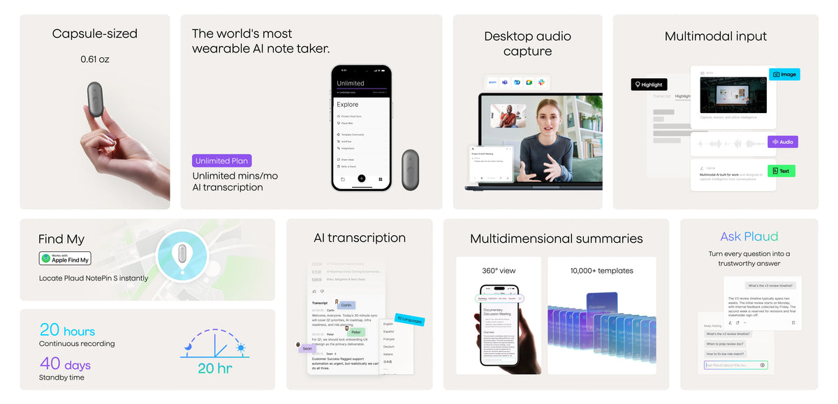 Plaud NotePin S features: capsule size, AI transcription, 20-hour recording, Find My, and multimodal summaries.