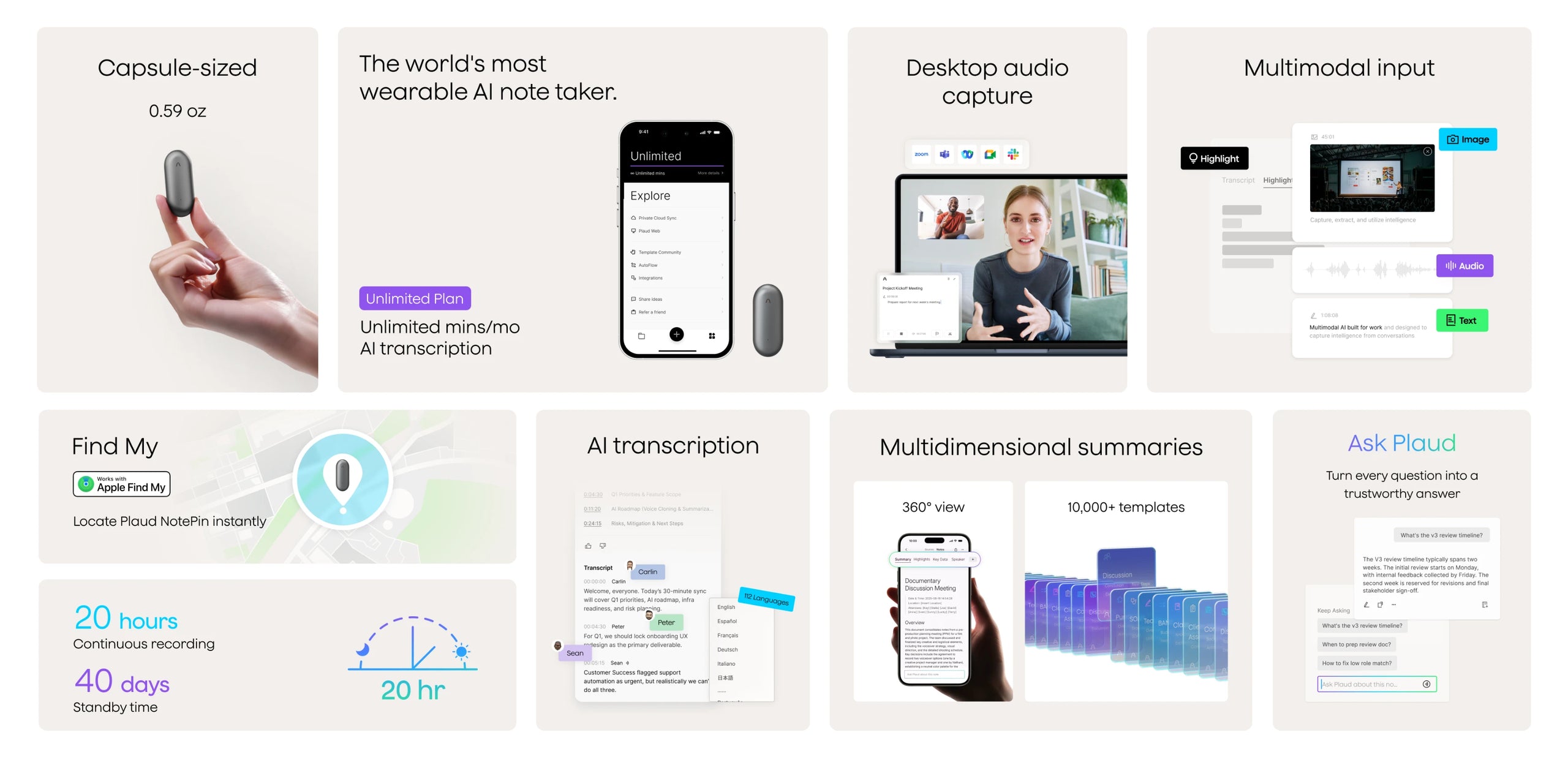 Plaud NotePin features: capsule size, AI transcription, 20h recording, Find My support, and Plaud App.