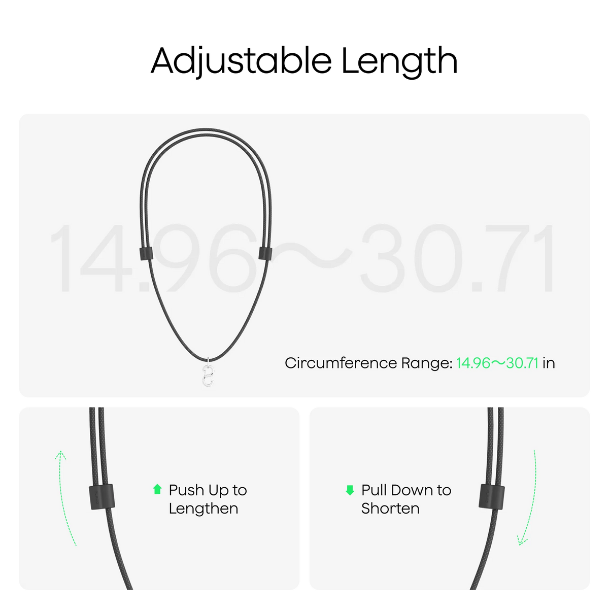A black braided lanyard for the Plaud NotePin S adjusts from 14.96 to 30.71 inches by sliding the toggles up or down.