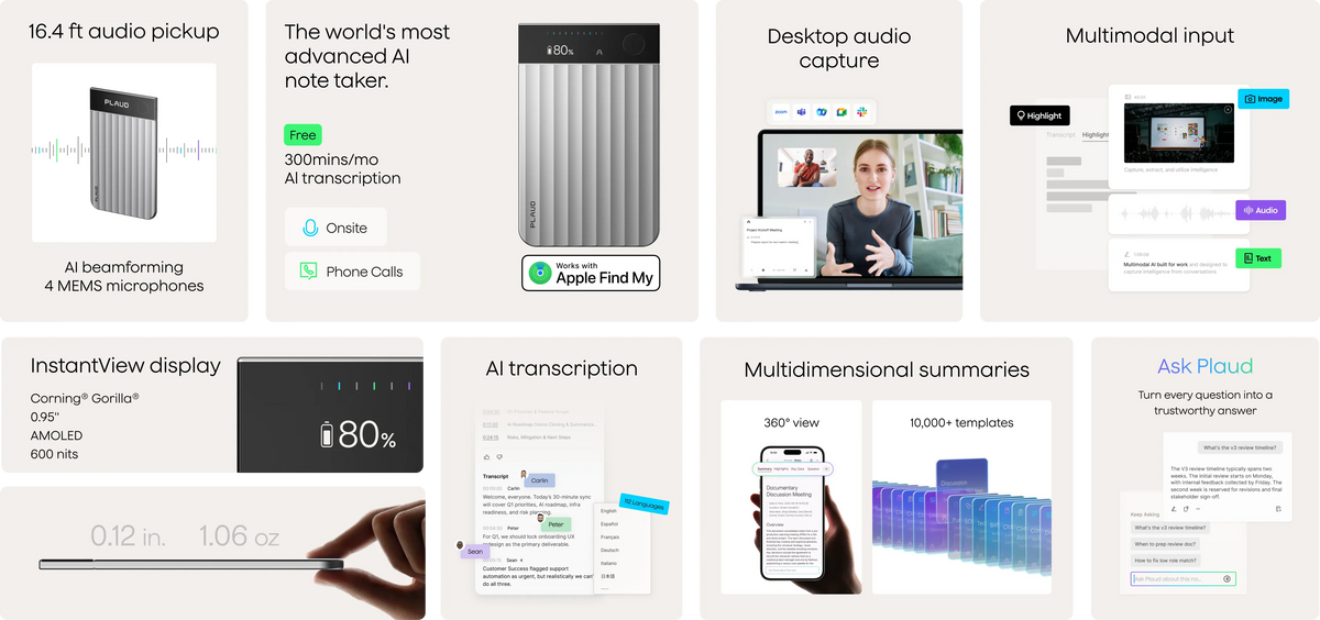 Plaud Note Pro features: AI transcription, AMOLED display, 16.4 ft pickup, and Apple Find My support.