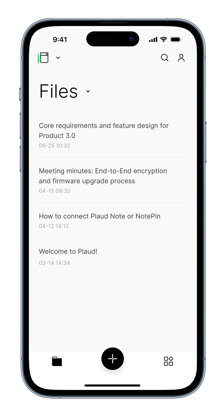 Plaud App interface on a smartphone showing a list of organized voice recording files and meeting minutes.