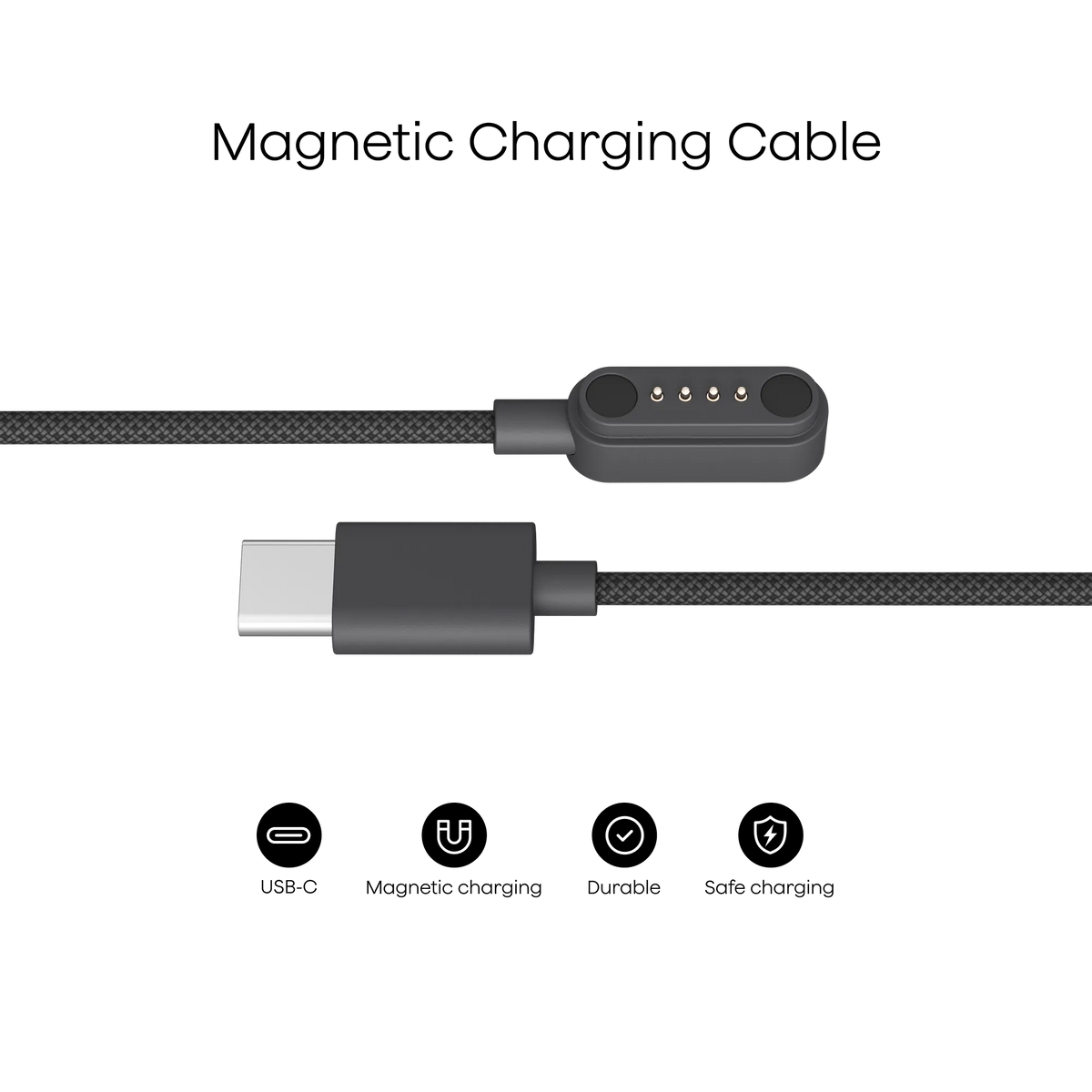 A black braided charging cable for a Plaud AI voice recorder features a USB-C connector, a magnetic head with four gold pins, and feature icons.